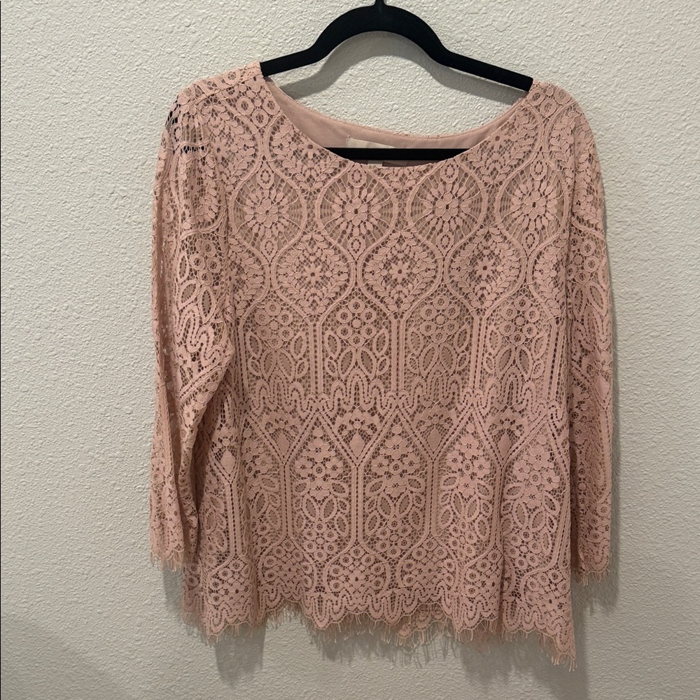 LOFT Pink Lace Overlay Boatneck Blouse